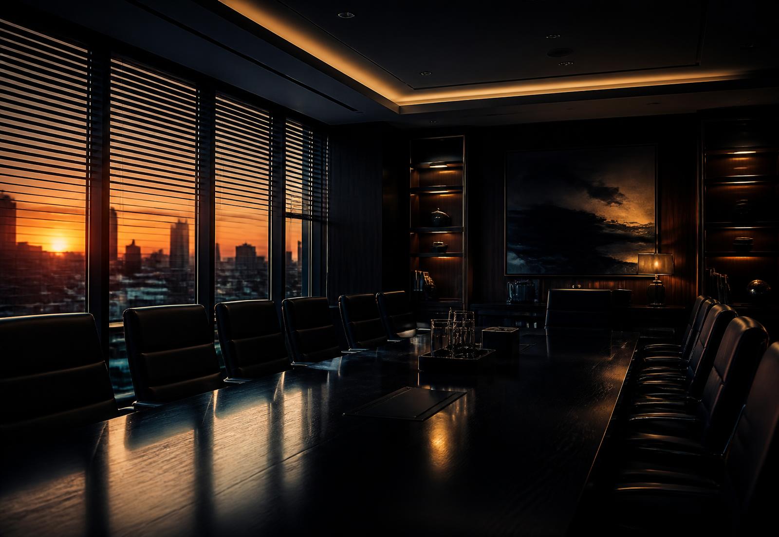 Empty enterprise boardroom at dusk